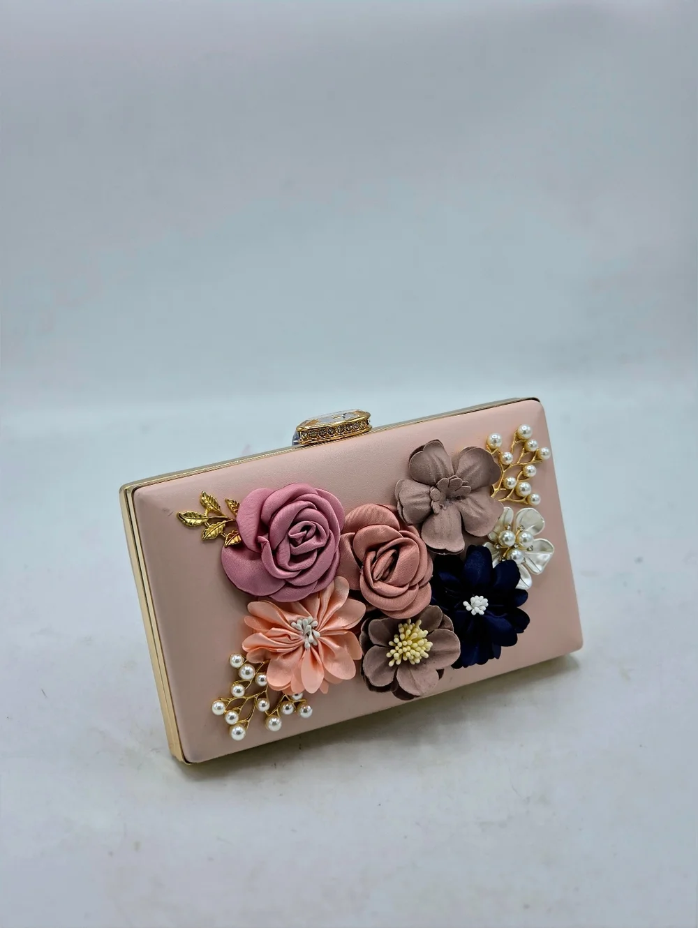 Amaze Floral 3D Embellished Box Clutch - Blush Pink & Gold